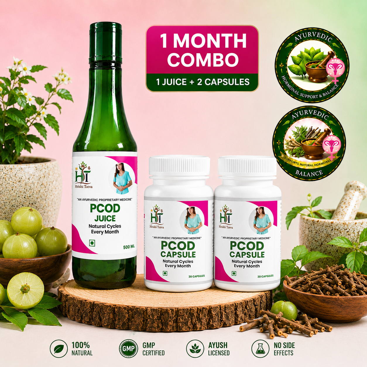 Hrishi Tatva PCOD 1 Month Combo – 1 Juice + 2 Capsules